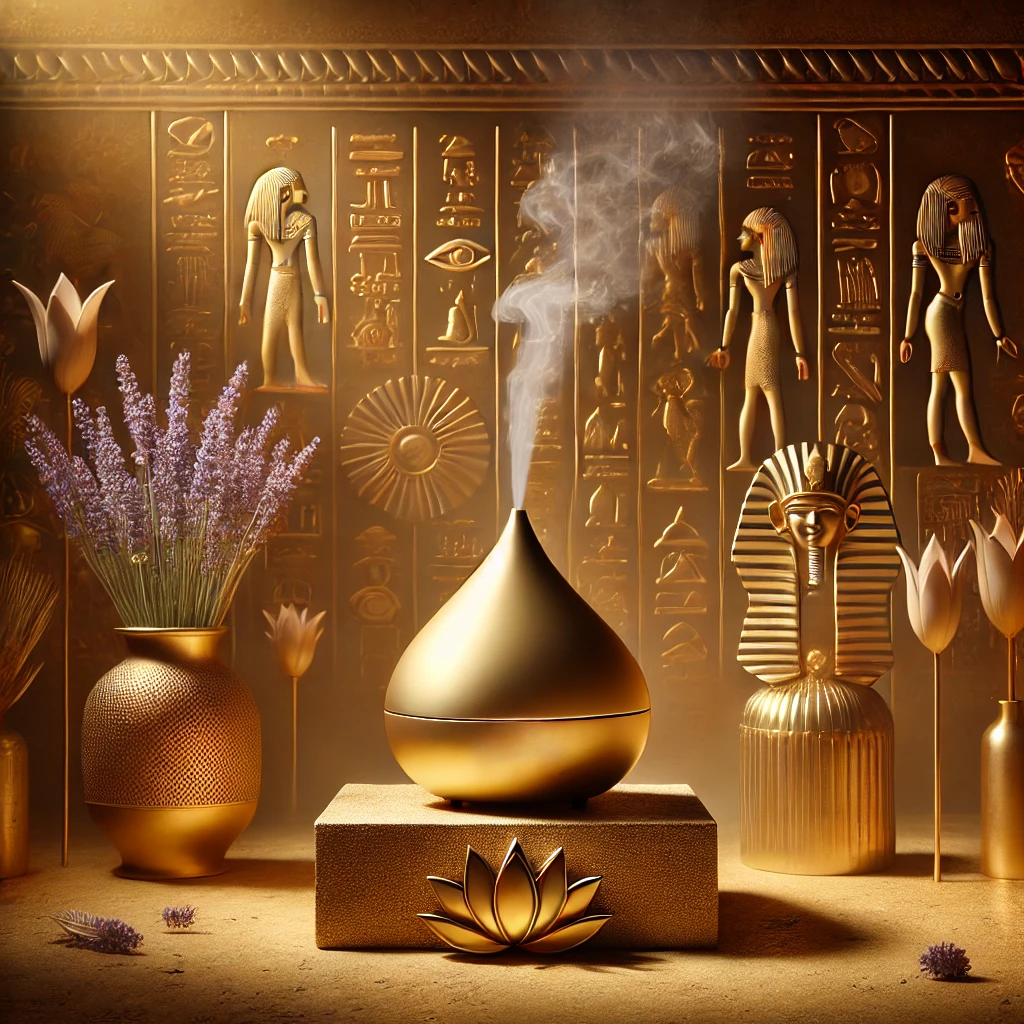 "A golden essential oil diffuser emitting mist in an Egyptian-inspired setting."