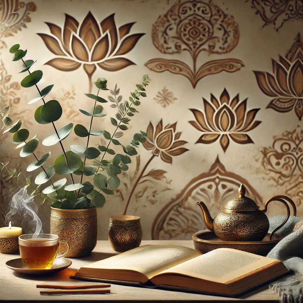 "A serene desk setup inspired by Indian mythology, featuring eucalyptus and sandalwood branches, a steaming cup of herbal tea, and an open book. The background includes subtle Indian motifs such as lotus flowers and temple-inspired carvings, with warm golden lighting and soft mist creating a tranquil atmosphere."
