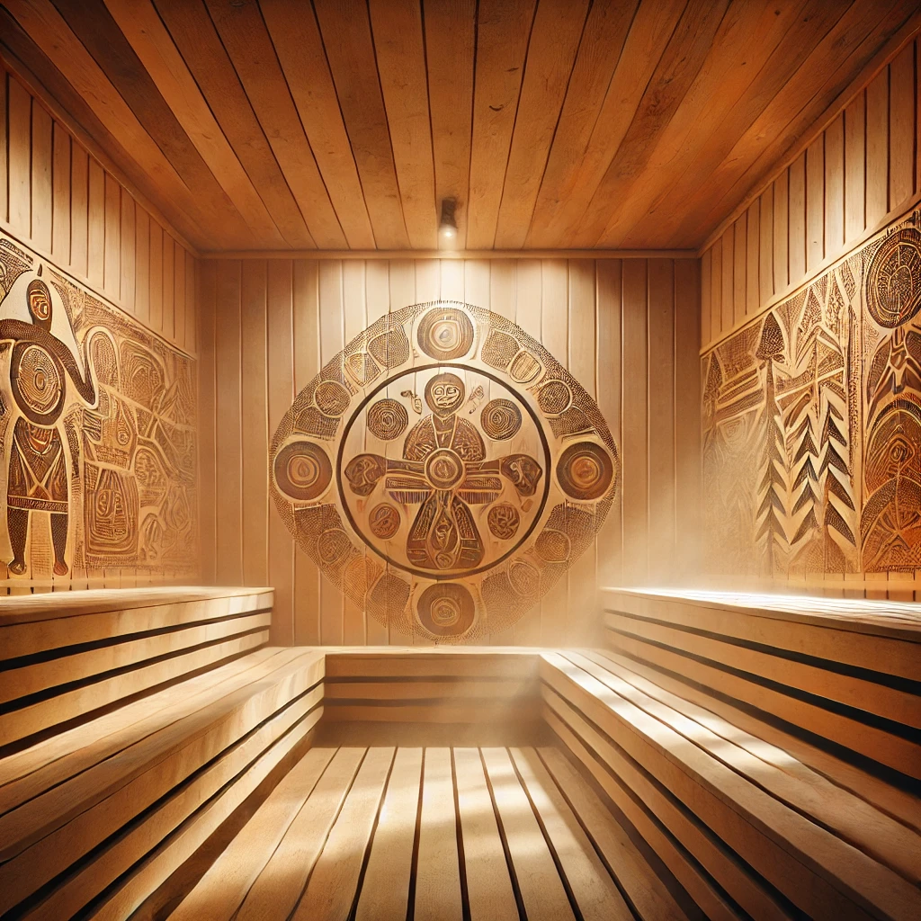 "A serene sauna interior inspired by Aboriginal mythology, featuring wooden walls with art patterns, soft mist, and warm lighting for a tranquil wellness experience."