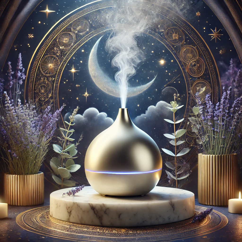 "A sleek, fully smooth essential oil diffuser emitting a soft mist, placed on a marble pedestal surrounded by lavender and eucalyptus leaves. The scene features celestial motifs with glowing stars and soft moonlight, evoking a mythical and serene atmosphere for wellness and relaxation branding."