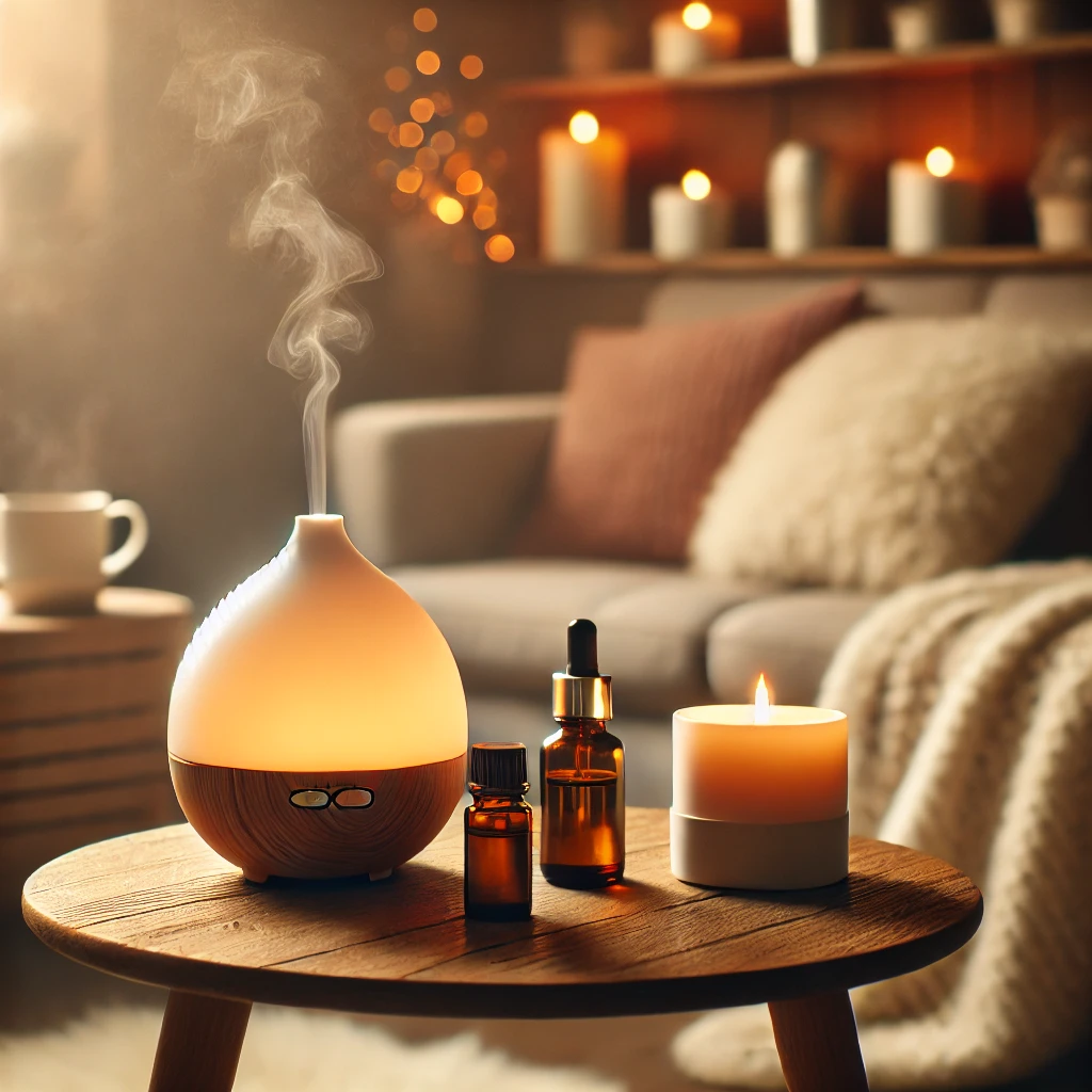 A cozy home setting with a diffuser, candles, and soft lighting, creating a tranquil sanctuary for relaxation.