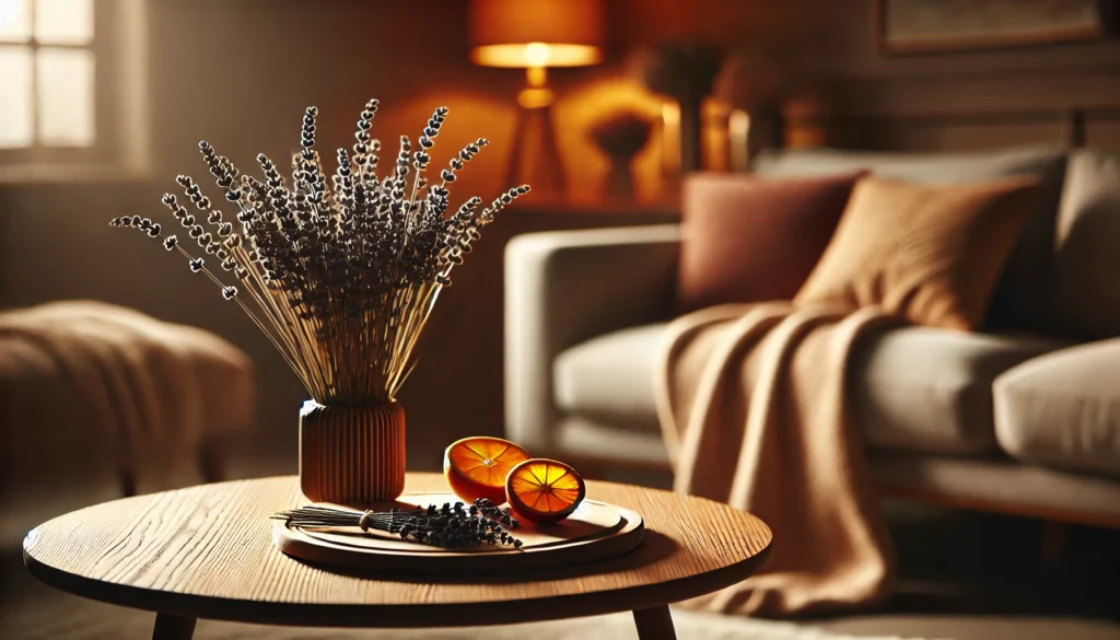 Diffuser releasing mist with a cozy, softly lit background featuring lavender and orange essential oils.