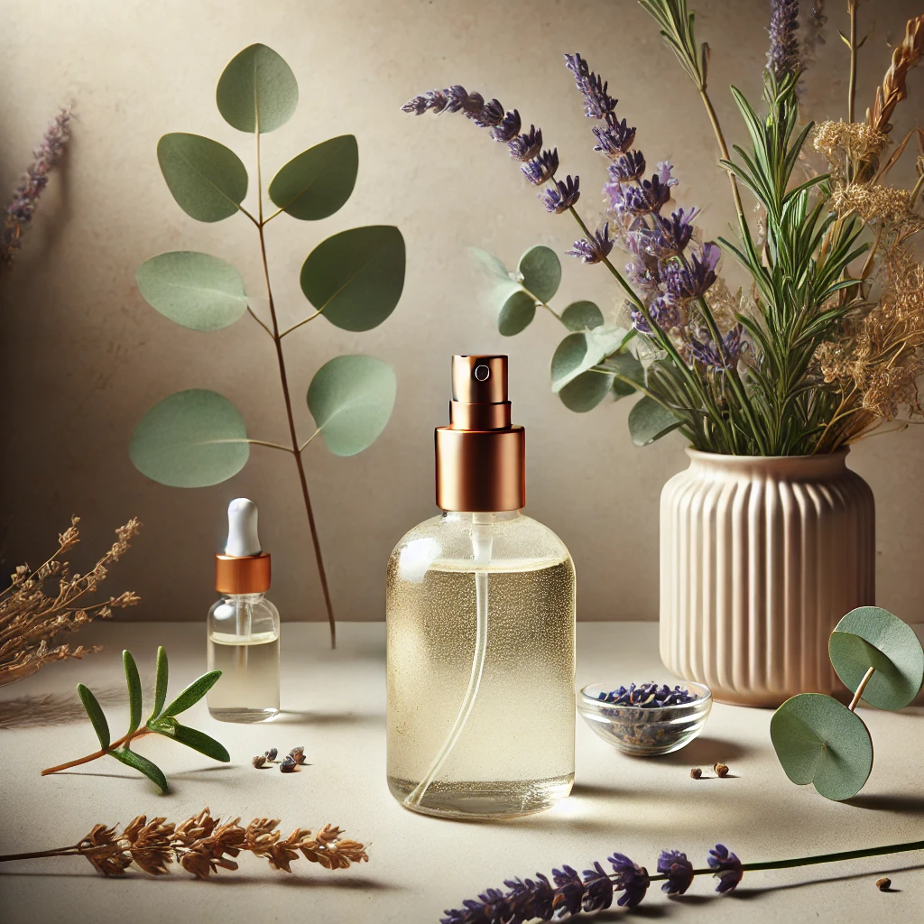 A handmade relax spray with lavender and eucalyptus essential oils, perfect for creating a soothing atmosphere.