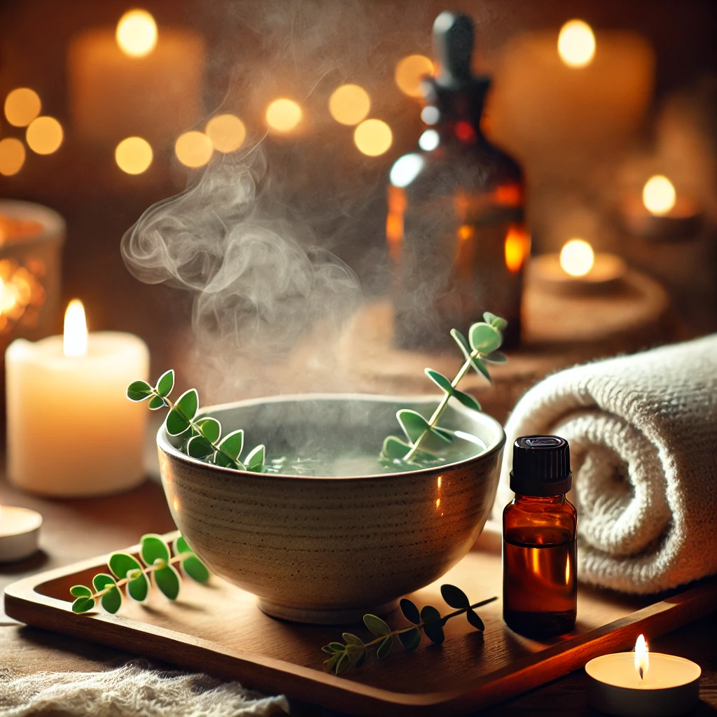 A bowl of steaming water with eucalyptus and tea tree oils, surrounded by a tranquil setting for evening relaxation.