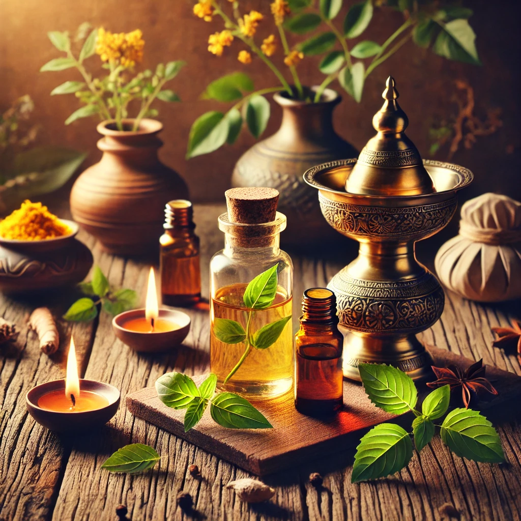 A serene Ayurvedic setting with essential oils, herbal ingredients, and a traditional brass oil lamp.