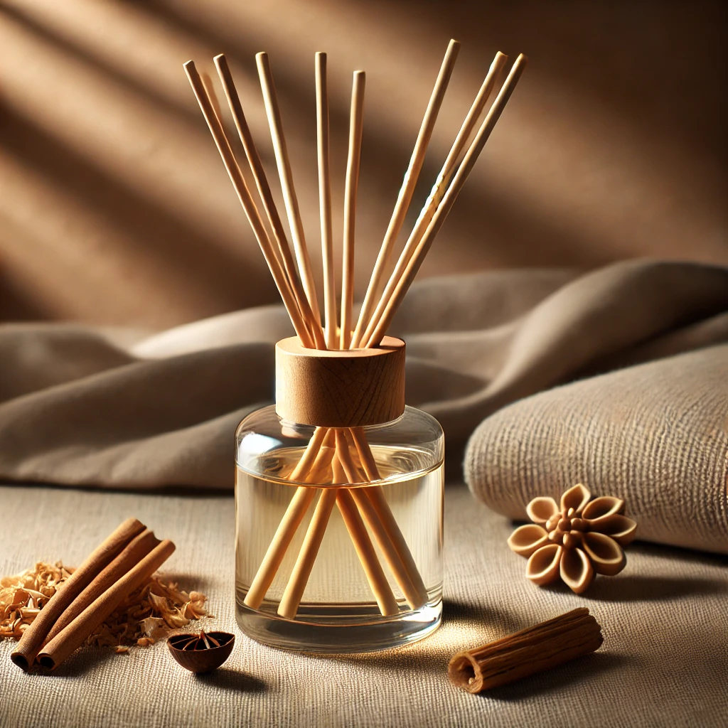 A serene aromatherapy setting with a diffuser, sandalwood, and cedarwood essential oils, creating a peaceful atmosphere.