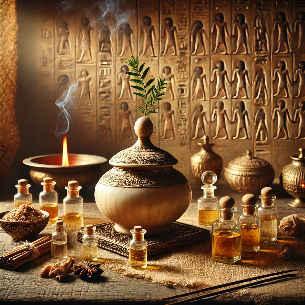 An ancient Egyptian scene with essential oils, incense, and herbal preparations used for healing and rituals.