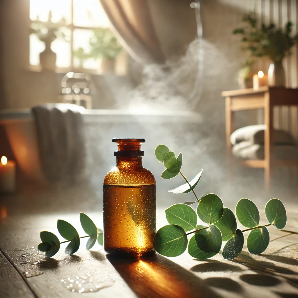 Eucalyptus essential oil bottle with morning light and steam in the background.