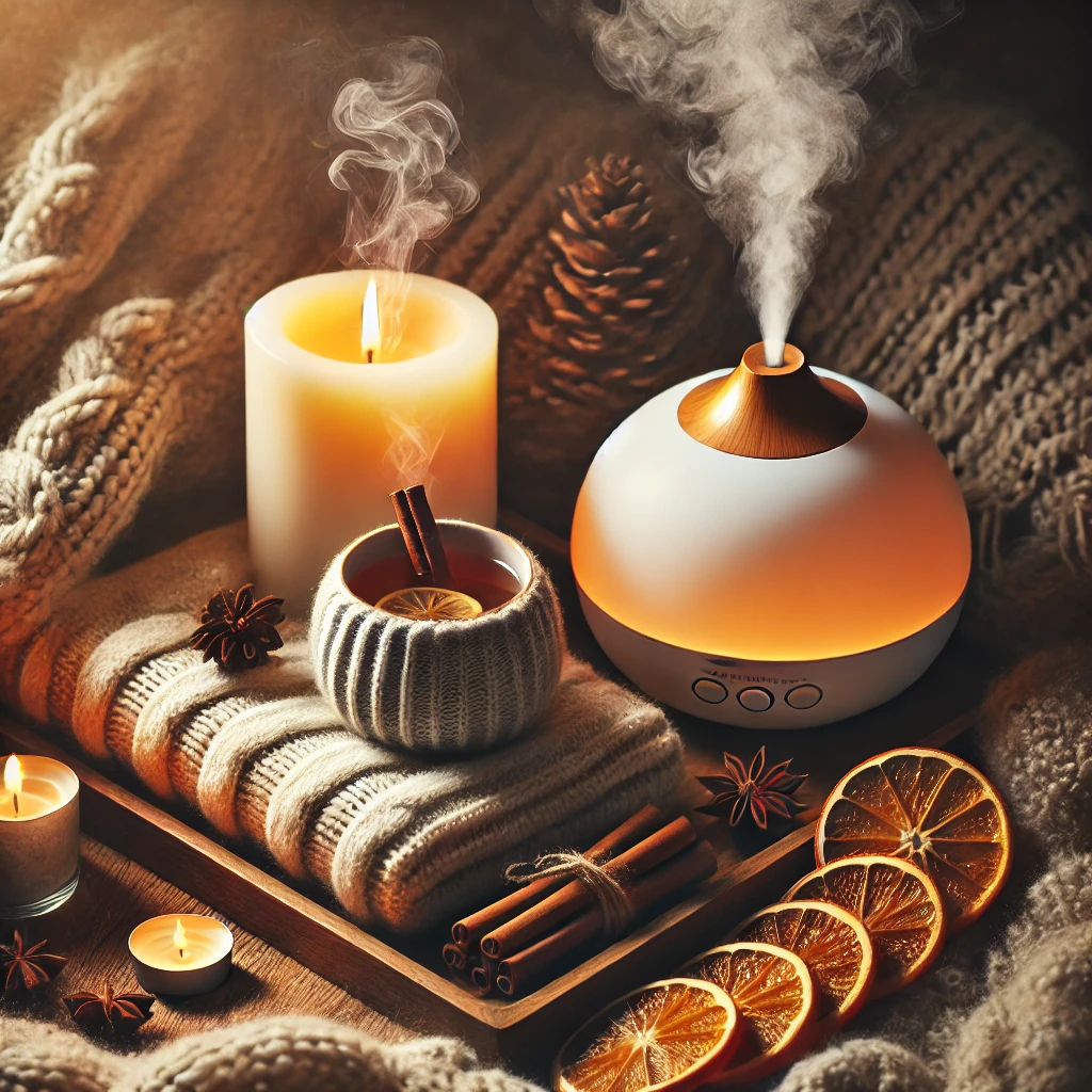 A cozy winter scene with a candle, warm blanket, spiced tea, and a diffuser creating a warm, comforting atmosphere.