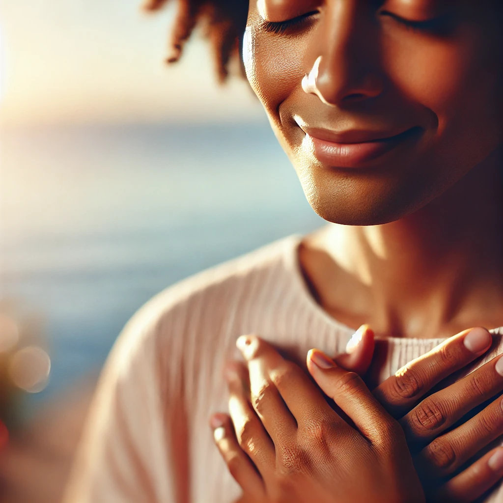 Close-up of a person softly smiling with eyes closed, hands gently placed over the heart, reflecting calm and mindfulness.