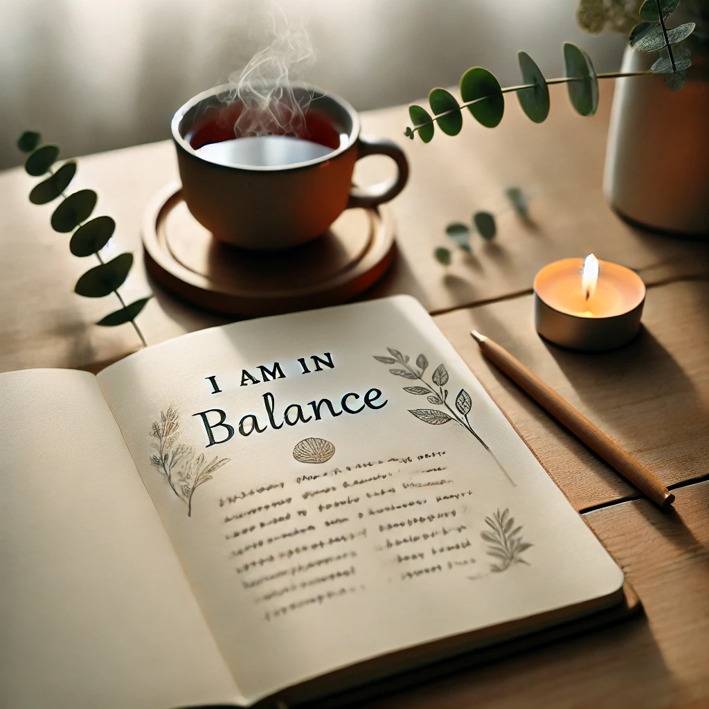 A minimalistic, serene scene with a journal displaying “I Am in Balance,” a cup of herbal tea, and calming natural elements for mindfulness.