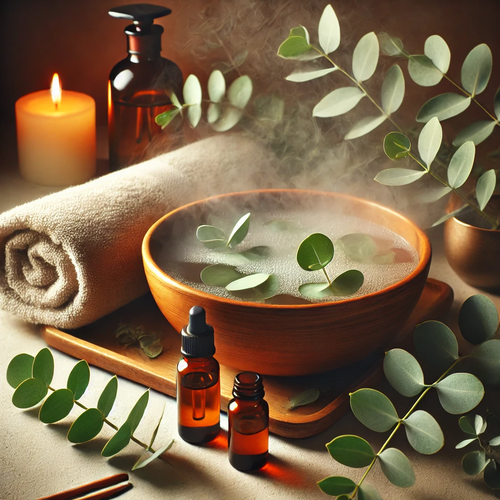 Bowl of steaming water with eucalyptus leaves and essential oil bottles, representing the DIY Home Sauna Ritual.