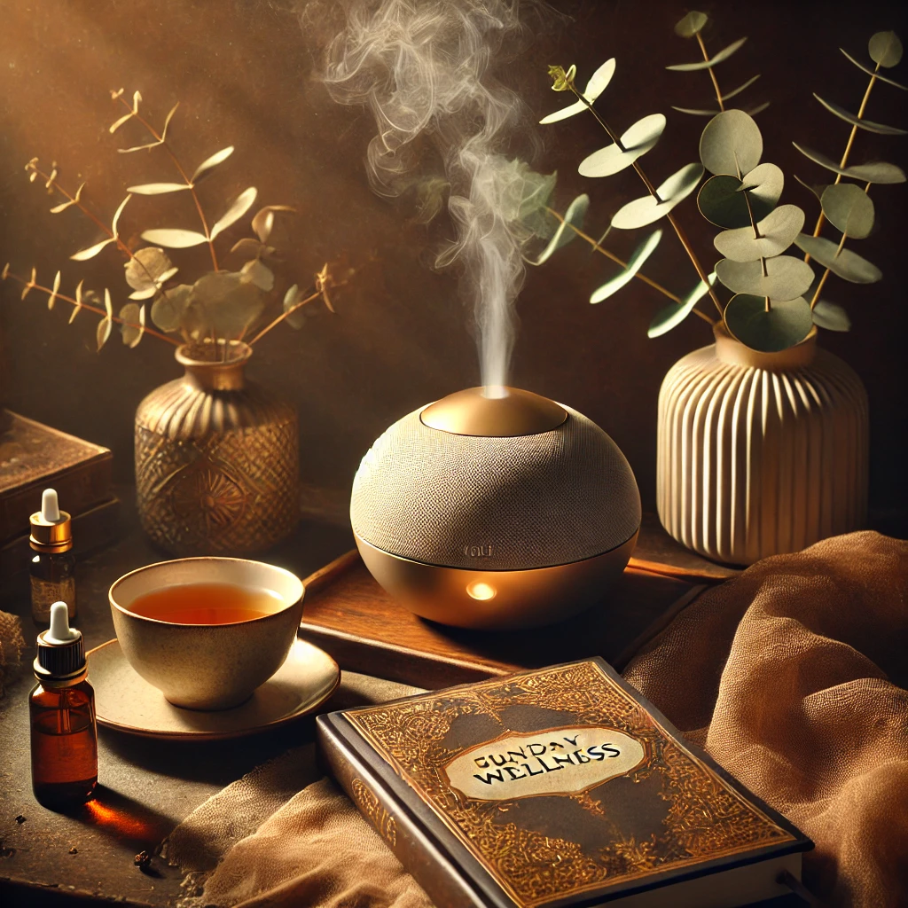 A peaceful Sunday morning with a cup of tea, journal, and diffused essential oils