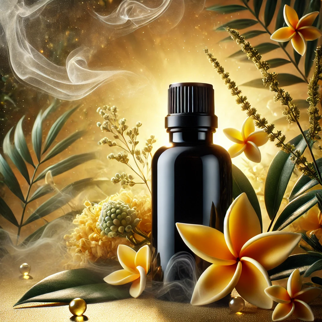 A glossy black bottle of Ylang Ylang essential oil surrounded by vibrant yellow Ylang Ylang flowers with a serene, tropical backdrop