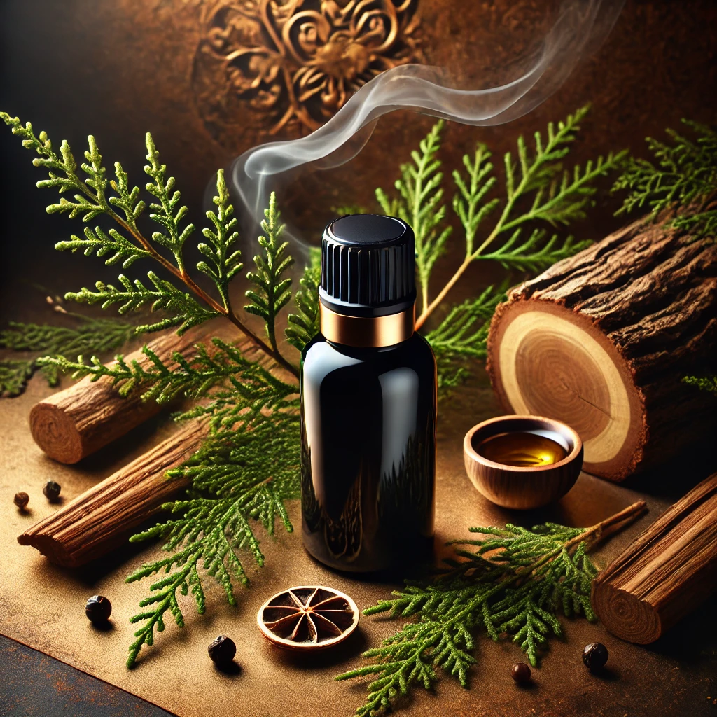 A glossy black bottle of cedarwood essential oil surrounded by cedar branches and wood with an earthy, serene background
