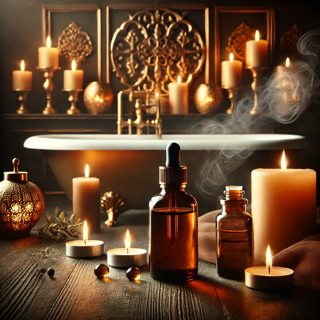 A tranquil self-care setting with essential oils, candles, and a cozy bath