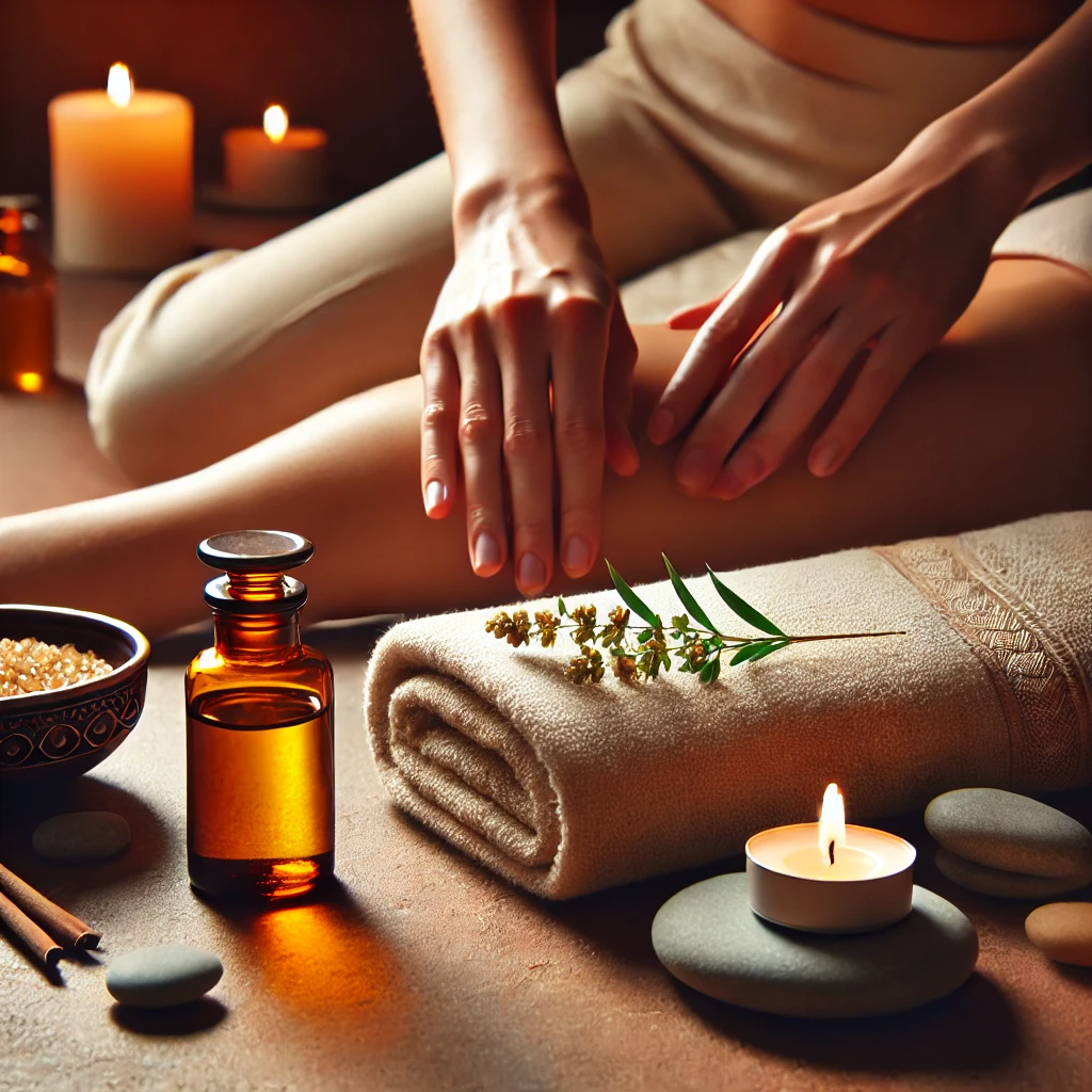 Hands applying sandalwood massage oil with soft lighting, representing the Sandalwood Massage Ritual.