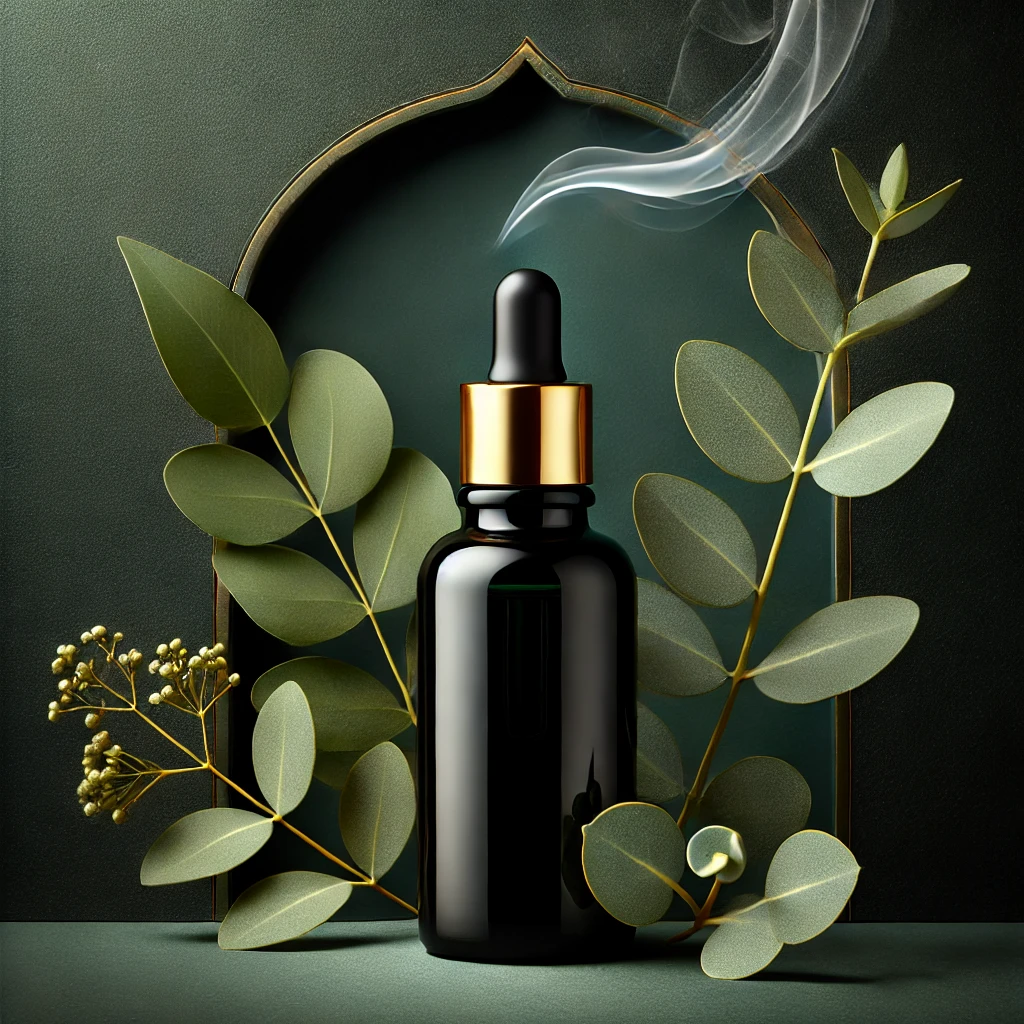 Bottle of eucalyptus essential oil with fresh eucalyptus leaves and gentle steam.